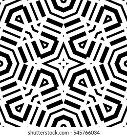 Black repeated geometric figures on white background. Seamless surface pattern design with star, rectangles and triangles ornament. Polygons wallpaper. Geometrical motif. Digital paper. Vector art