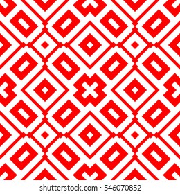 Black repeated geometric figures on white background. Seamless surface pattern design with symmetrical rhombuses, rectangles and crosses ornament. Polygons wallpaper. Geometrical motif. Digital paper.