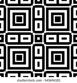 Black repeated stylized quadrangles on white background. Seamless surface pattern design with symmetrical squares and rectangles ornament. Polygons wallpaper. Geometric motif. Digital paper. Vector
