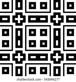 Black repeated stylized quadrangles on white background. Seamless surface pattern design with symmetrical squares and rectangles ornament. Polygons wallpaper. Geometric motif. Digital paper.