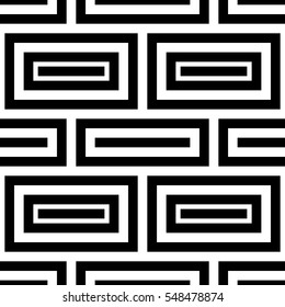 Black repeated stylized rectangles on white background. Quadrangles wallpaper. Seamless surface pattern design with symmetrical polygons ornament. Geometric motif. Digital paper for print. Vector art