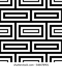 Black repeated stylized rectangles on white background. Quadrangles wallpaper. Seamless surface pattern design with symmetrical polygons ornament. Geometric motif. Digital paper for print. Vector art