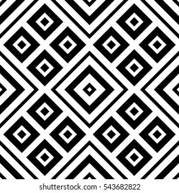 Black repeated stylized rhombuses on white background. Diamonds wallpaper. Seamless surface pattern design with symmetrical quadrangles ornament. Geometrical motif. Digital paper for print. Vector art