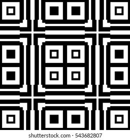 Black repeated stylized squares on white background. Quadrangles wallpaper. Seamless surface pattern design with symmetrical rectangles ornament. Geometric motif. Digital paper for print. Vector art