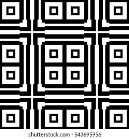 Black repeated stylized squares on white background. Quadrangles wallpaper. Seamless surface pattern design with symmetrical rectangles ornament. Geometric motif. Digital paper for print. Vector art