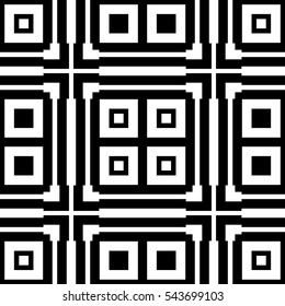 Black repeated stylized squares on white background. Quadrangles wallpaper. Seamless surface pattern design with symmetrical rectangles ornament. Geometric motif. Digital paper for print. Vector art