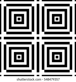 Black repeated stylized squares on white background. Quadrangles wallpaper. Seamless surface pattern design with symmetrical polygons ornament. Geometric motif. Digital paper for print. Vector art