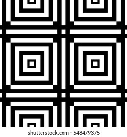 Black repeated stylized squares on white background. Quadrangles wallpaper. Seamless surface pattern design with symmetrical polygons ornament. Geometric motif. Digital paper for print. Vector art