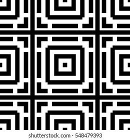 Black repeated stylized squares on white background. Quadrangles wallpaper. Seamless surface pattern design with symmetrical polygons ornament. Geometric motif. Digital paper for print. Vector art