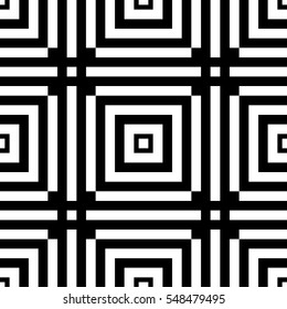 Black repeated stylized squares on white background. Quadrangles wallpaper. Seamless surface pattern design with symmetrical polygons ornament. Geometric motif. Digital paper for print. Vector art