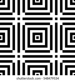 Black repeated stylized squares on white background. Quadrangles wallpaper. Seamless surface pattern design with symmetrical polygons ornament. Geometric motif. Digital paper for print. Vector art