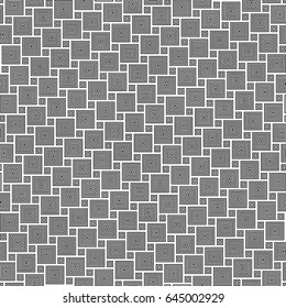 Black repeated stylized squares on white background. Checks wallpaper. Seamless surface pattern design with symmetrical blocks ornament. Mosaic motif. Digital paper with quadrangles for print. Vector.