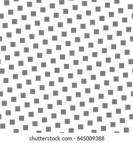 Black repeated stylized squares on white background. Checks wallpaper. Seamless surface pattern design with symmetrical blocks ornament. Mosaic motif. Digital paper with quadrangles for print. Vector.