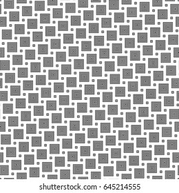 Black repeated stylized squares on white background. Checks wallpaper. Seamless surface pattern design with symmetrical blocks ornament. Mosaic motif. Digital paper with quadrangles for print. Vector.