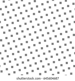 Black repeated stylized squares on white background. Checks wallpaper. Seamless surface pattern design with symmetrical blocks ornament. Mosaic motif. Digital paper with quadrangles for print. Vector.