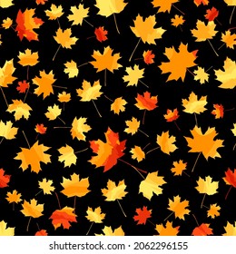black repetitive background with autumn maple leaves. vector seamless pattern. wrapping paper. design template for greeting card, banner, flyer, cover, invitation, textile. modern stylish texture