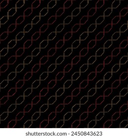 fondo repetitivo negro. cadenas de rayas dibujadas a mano rojo dorado. patrón sin costuras de Vector. arte decorativo popular. muestra de tela geométrica. papel de embalaje. Plantilla de diseño para tela, decoración del hogar