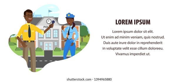Black Reporter and Policeman near Police. Interview. Video Filming on Street. Cityscape. White Background. Direct Reporting. Working Process. Microphone in Hand. Watch Camcorder. Vector Illustration.