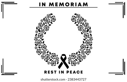 Black Respect ribbon and black rose round on white background Banner. Rest in Peace Funeral Vector Illustration.