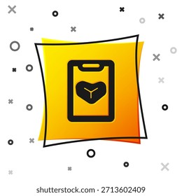 Schwarzes Restaurant-Café-Menü-Symbol einzeln auf weißem Hintergrund. Gelber quadratischer Knopf. Vektorgrafik