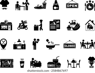 Black Restaurant Icon Set. Vector Illustrations Food, Chef, Service, Fast Food, Food Preparation, Kitchen, Waiter, Menu, Food Delivery, Cook, Cafeteria, Table and Others