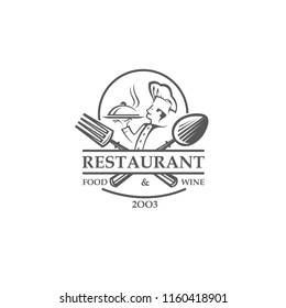 black restaurant label with chef, crossed spoon and fork isolated on white background