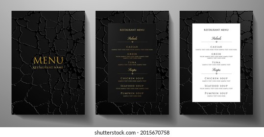Black restaurant menu design with crack texture (grunge patten background), premium frame pattern (stripe border). Elegant luxury cover template for creative Cafe Menu, luxe carte, invite, notebook
