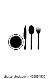 Black restaurant menu icon plate with cutlery spoon, fork, knife isolated