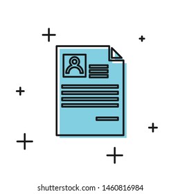 Black Resume icon isolated on white background. CV application. Searching professional staff. Analyzing personnel resume.   Vector Illustration
