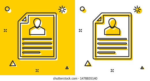 Black Resume icon isolated on yellow and white background. CV application. Searching professional staff. Analyzing personnel resume. Random dynamic shapes. Vector Illustration