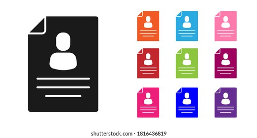 Black Resume icon isolated on white background. CV application. Searching professional staff. Analyzing personnel resume. Set icons colorful. Vector