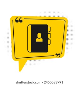 Black Resume icon isolated on white background. CV application. Searching professional staff. Analyzing personnel resume. Yellow speech bubble symbol. Vector