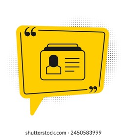 Black Resume icon isolated on white background. CV application. Searching professional staff. Analyzing personnel resume. Yellow speech bubble symbol. Vector