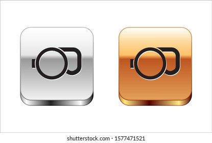 Black Retractable cord leash with carabiner icon isolated on white background. Pet dog lead. Animal accessory for outdoors walk. Silver-gold square button. Vector Illustration