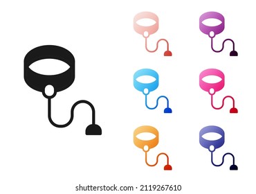 Black Retractable cord leash with carabiner icon isolated on white background. Pet dog lead. Animal accessory for outdoors walk. Set icons colorful. Vector