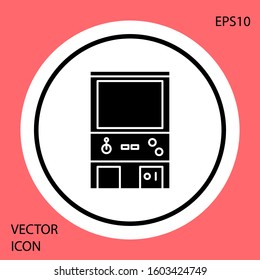 Black Retro arcade game machine icon isolated on red background. White circle button. Vector Illustration