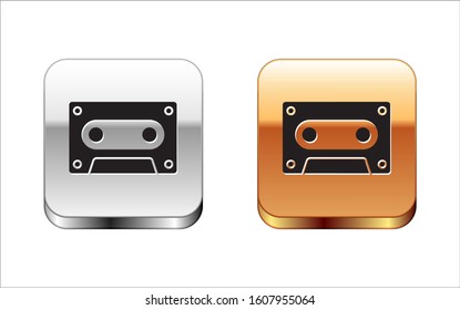 Black Retro audio cassette tape icon isolated on white background. Silver-gold square button. Vector Illustration