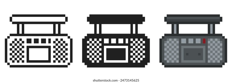 Black Retro Boombox Radio, Pixel Art Style Icon Set