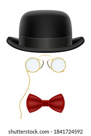 Black Retro Bowler Hat With Glasses And Bow Tie Vector Illustration Isolated On White Background