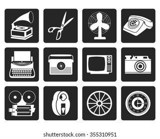 Black Retro business and office object icons - vector icon set