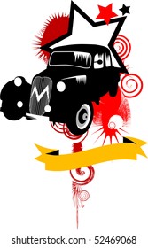 Black retro car on a background of yellow moon;