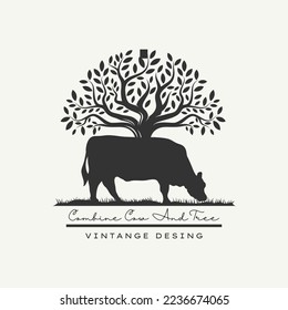 Vaca Y Árbol Retro Negro Combinan El Logo De La Granja Ganadera