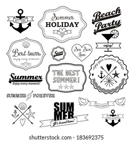 Black retro elements for Summer calligraphic designs on white background. Vintage ornaments.  All for Summer holidays. Labels, icons elements collection. Vector set.