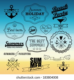 Black retro elements for Summer calligraphic designs. vector set of summer icons on abstract gradient background. logo designs.