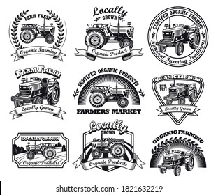 Schwarze Retro-Farm-Flachmarken-Set. Vintage-Abzeichen oder Schilder für den Bio-Bauernmarkt und Ranch mit Traktor-isolierter Vektorgrafik-Sammlung. Konzept Landwirtschaft und Maschinen