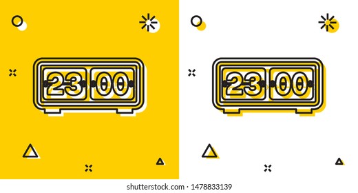 Black Retro flip clock icon isolated on yellow and white background. Wall flap clock, number counter template, all digits with flips. Random dynamic shapes. Vector Illustration