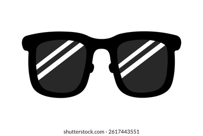 Black retro glasses. Sunglasses with glare. Summer holiday, vacation, beach, sun, sea concept. Accessory. Vector illustration