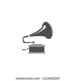 black retro gramophone with turntable and tube. phonograph for vinyl records. vintage style logo or label. Record player icon. Music concept. vector silhouette illustration