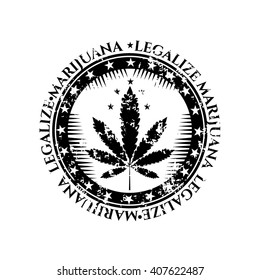 Black, retro label, sticker with simple marijuana, hemp, cannabis leaf and stars, text Marijuana Legalize, isolated on white background