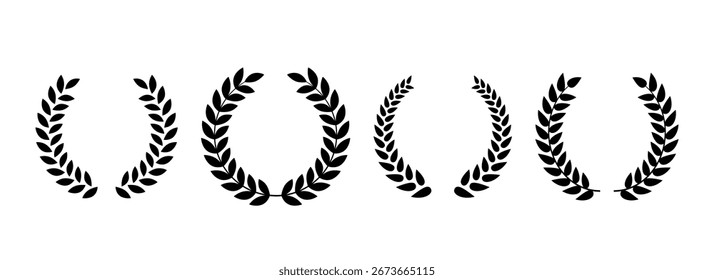 Black retro laurel wreath collection. Circle winner trophy decor elements for award banner, emblem, label, badge. Round branches with leaves set. Vintage Greek olive foliate ornament pack. Vector